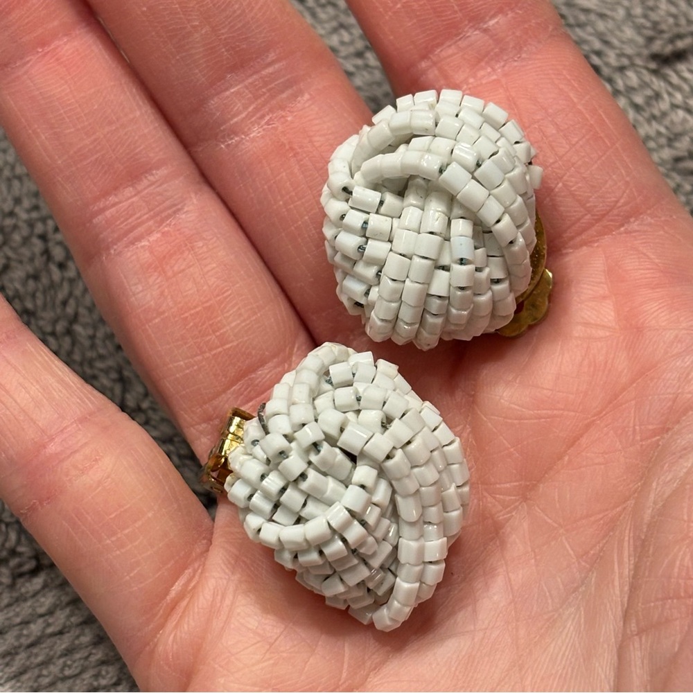 Vintage White Bead Cluster Clip On Earrings